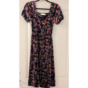 Women's LOFT Black Floral Velvet Midi Dress 2P